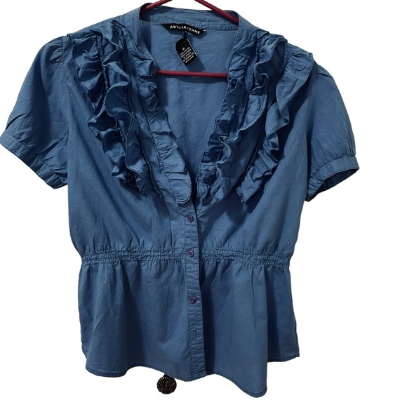Antilia Femme Womens Short Sleeve Top Ruffle Collar 100% Cotton Size M - Picture 1 of 5